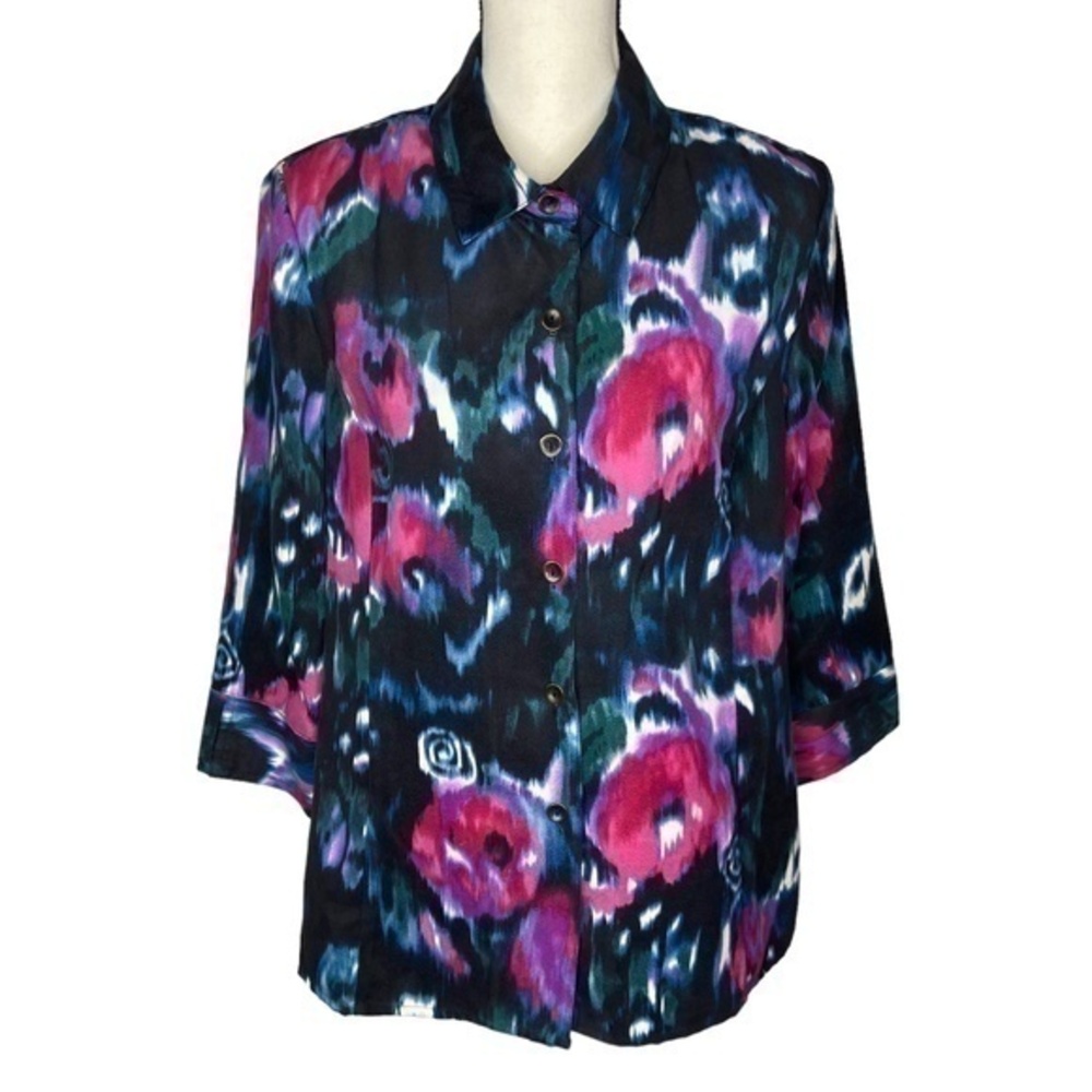 Vintage Erin London Top Watercolor Floral Print Button Down Faux Suede Size M